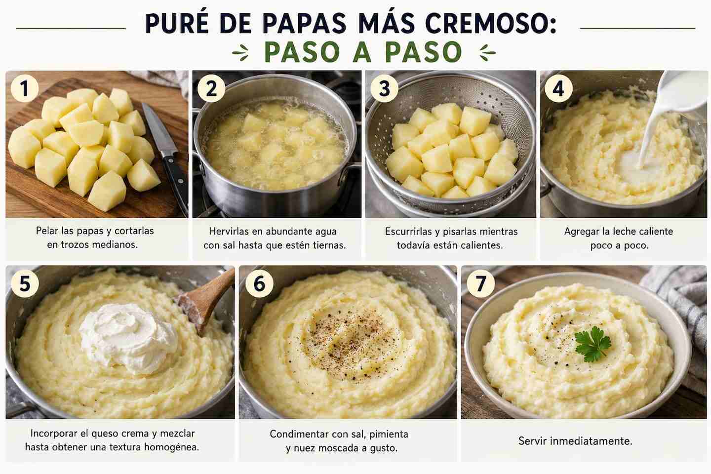 Proceso de preparación de puré de papas cremoso con queso crema en seis pasos