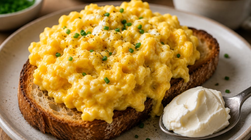 Huevos revueltos cremosos con queso crema