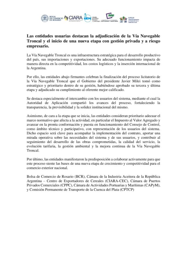 Reunión de entidades del sector agroindustrial sobre la adjudicación de la Hidrovía Troncal