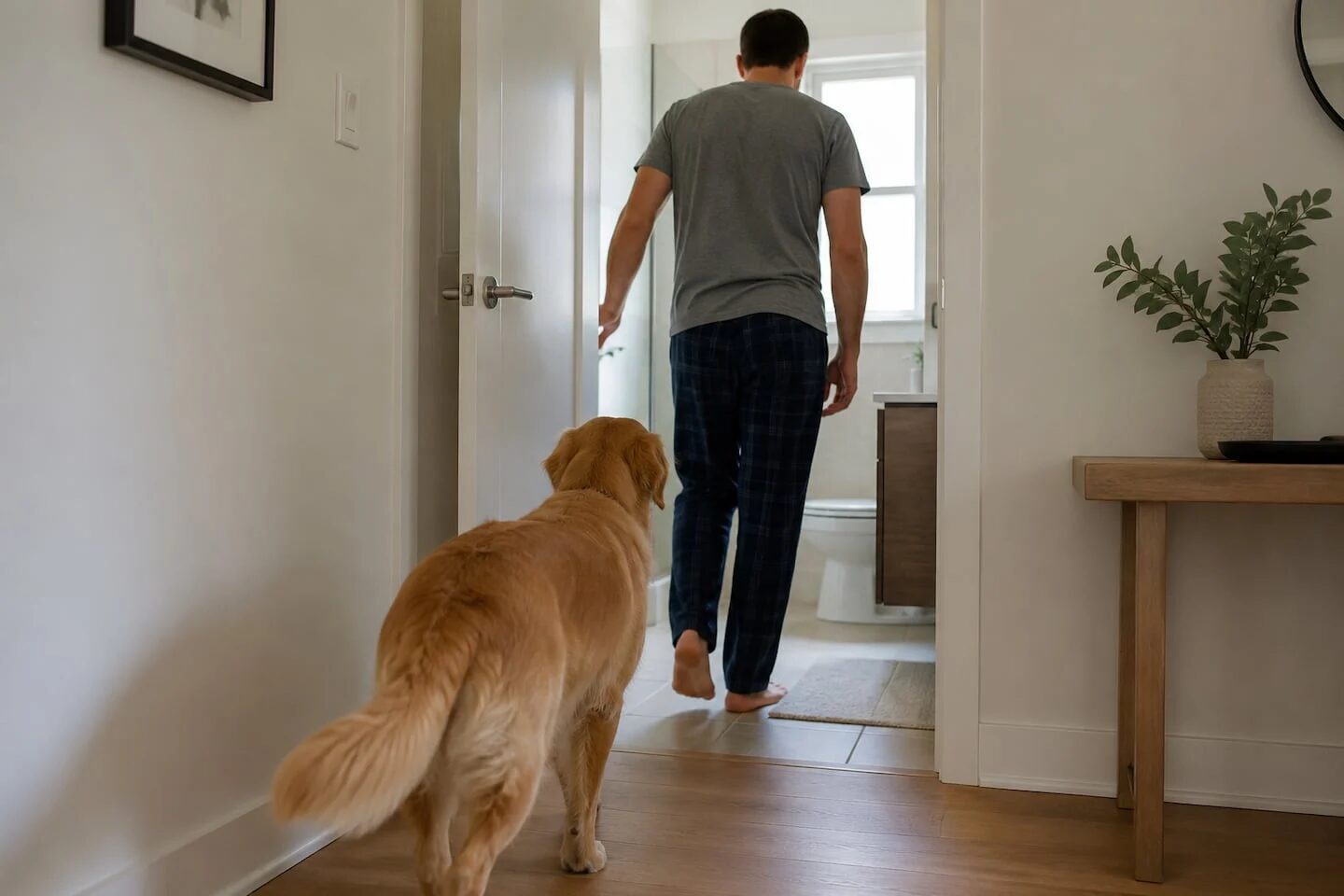 Un perro sigue a su dueño al baño en un hogar moderno