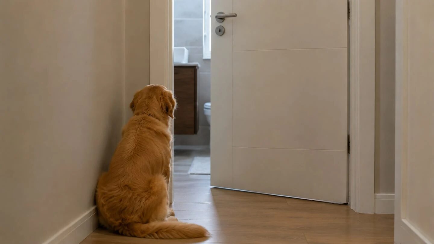 Perro sentado frente a una puerta de baño