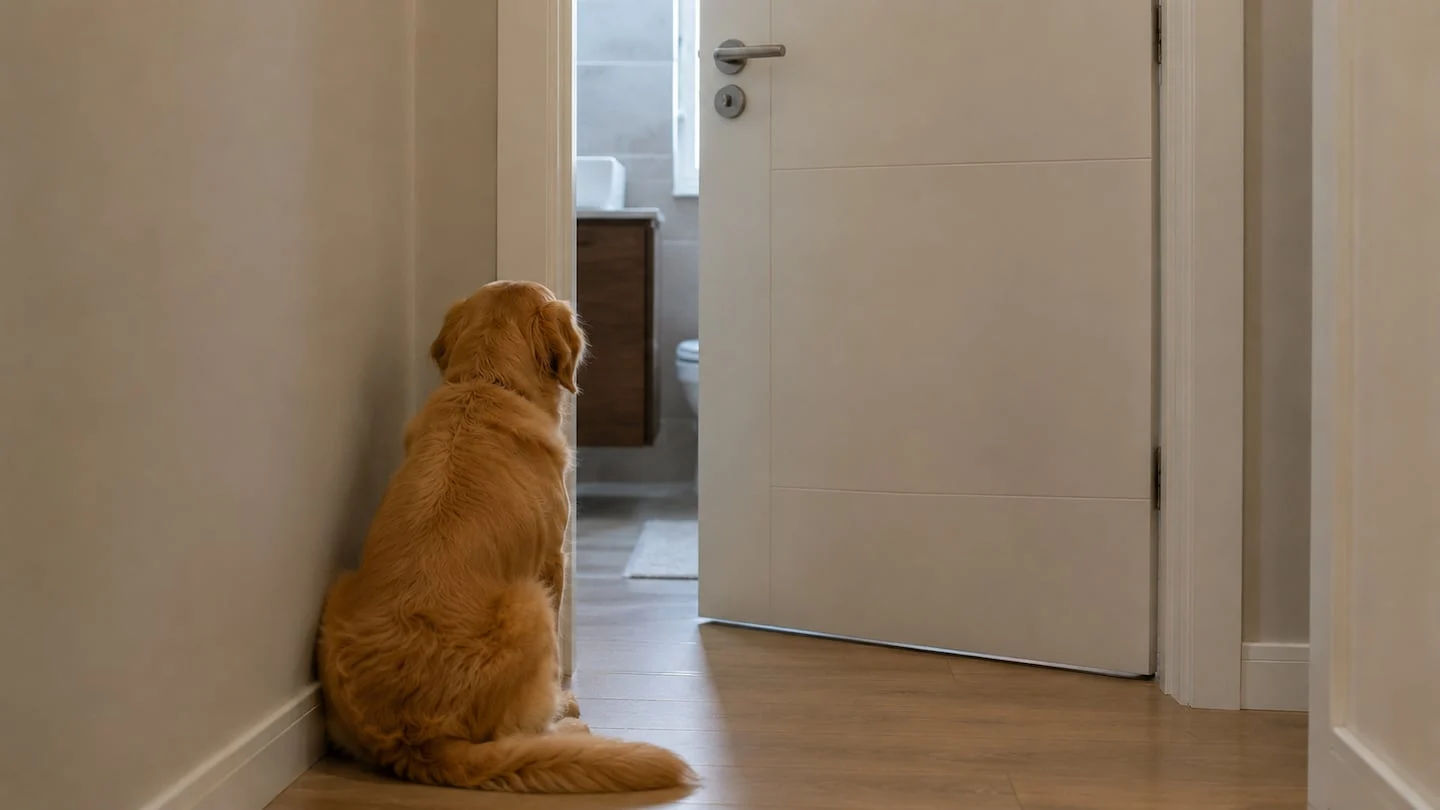 Perro sentado frente a una puerta de baño