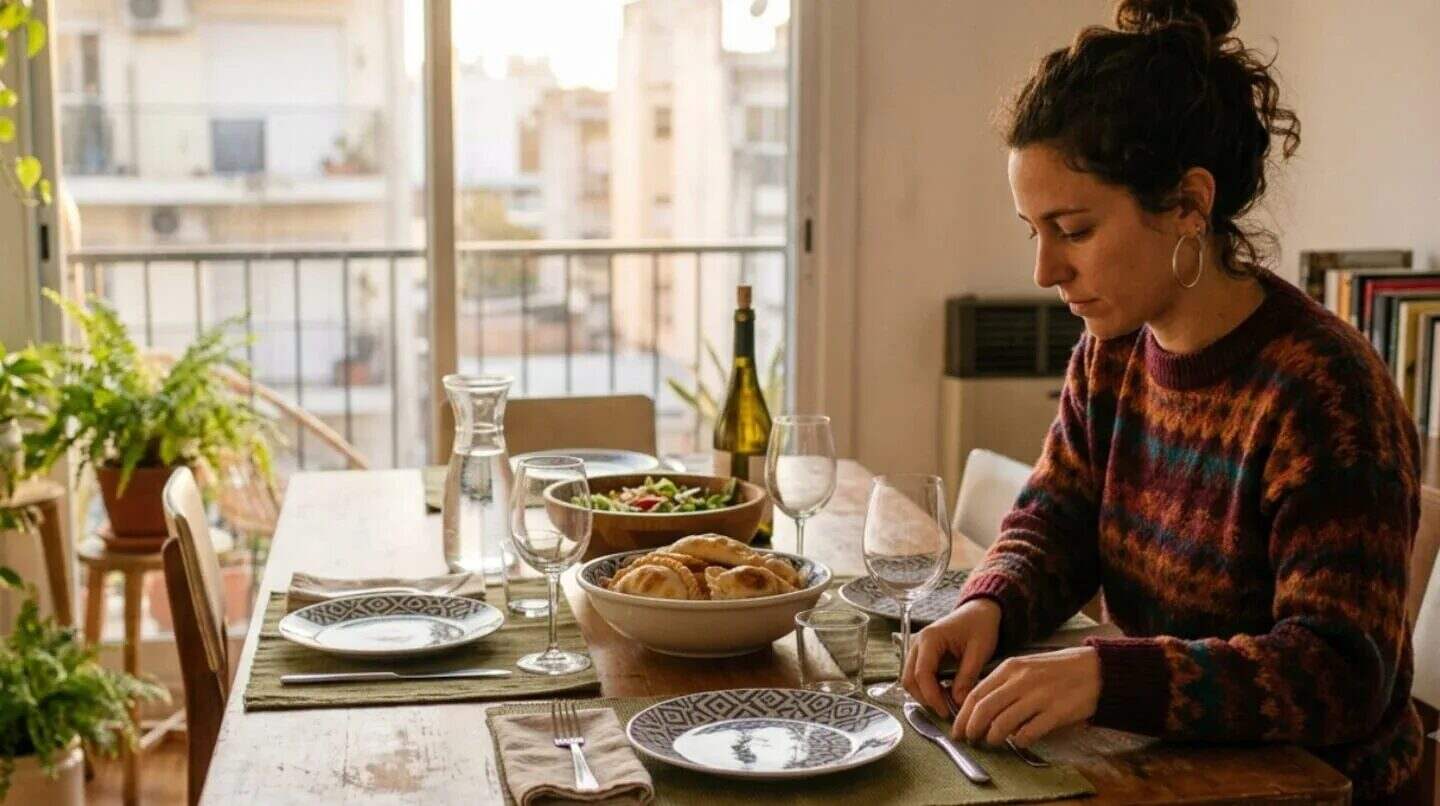 Mujer organizando cubiertos en una mesa antes de comer