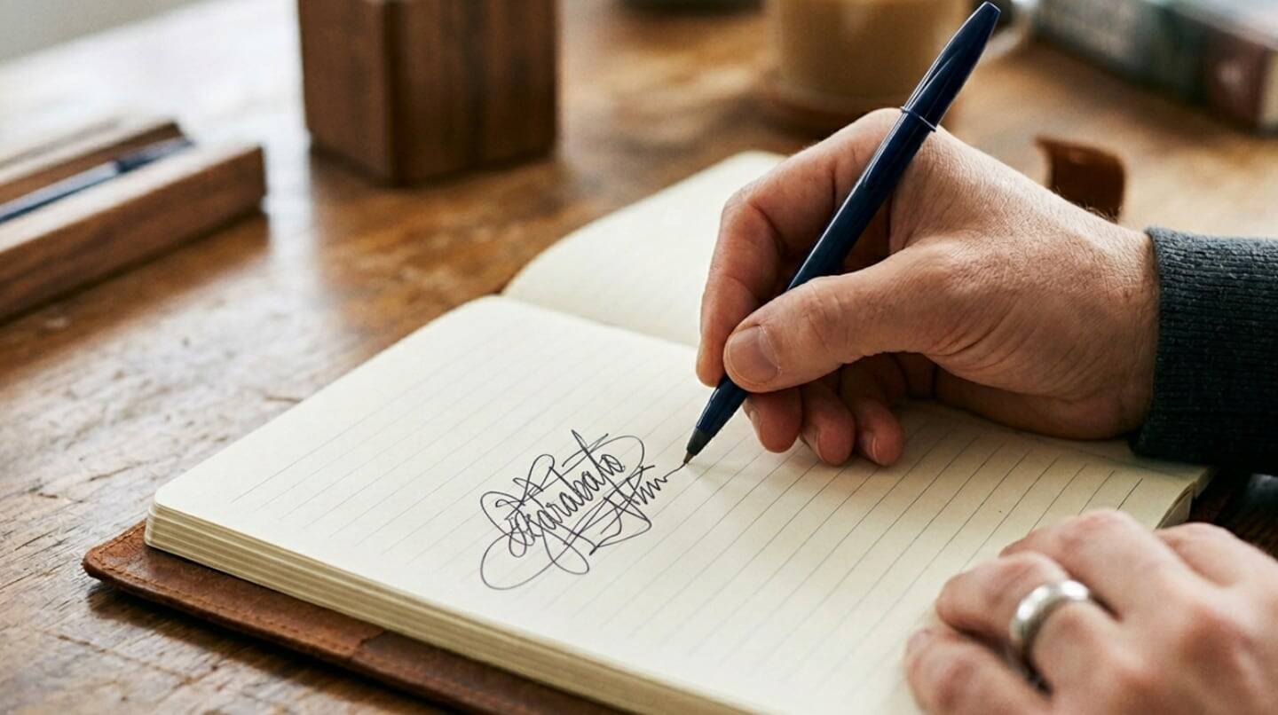 Persona firmando con un bolígrafo en un cuaderno con garabatos en la firma
