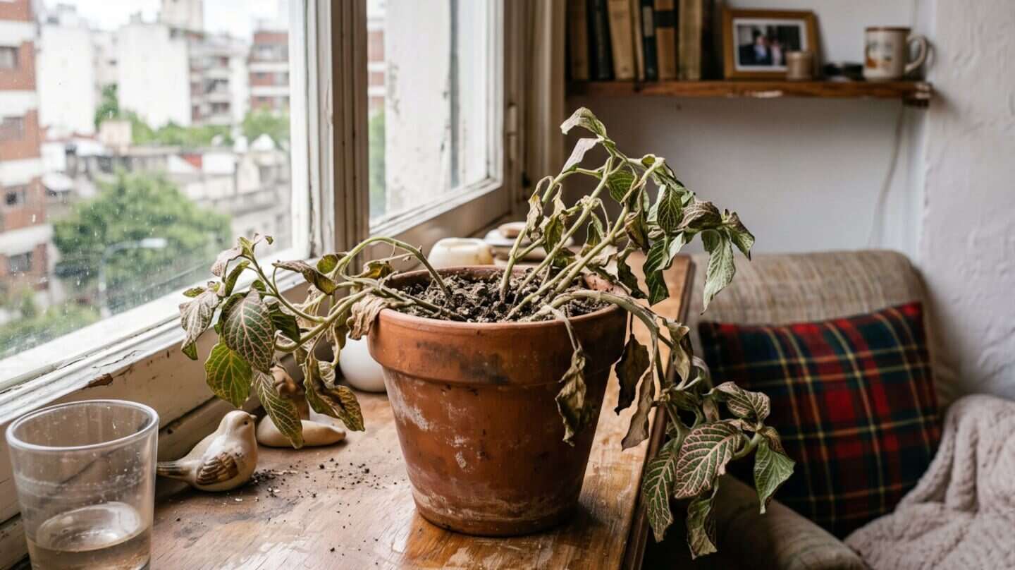 Planta marchita en maceta sobre una mesa junto a una ventana