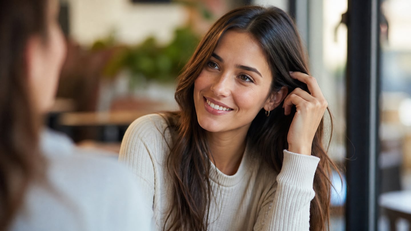 Mujer sonriendo mientras se toca el pelo durante una conversación en un café