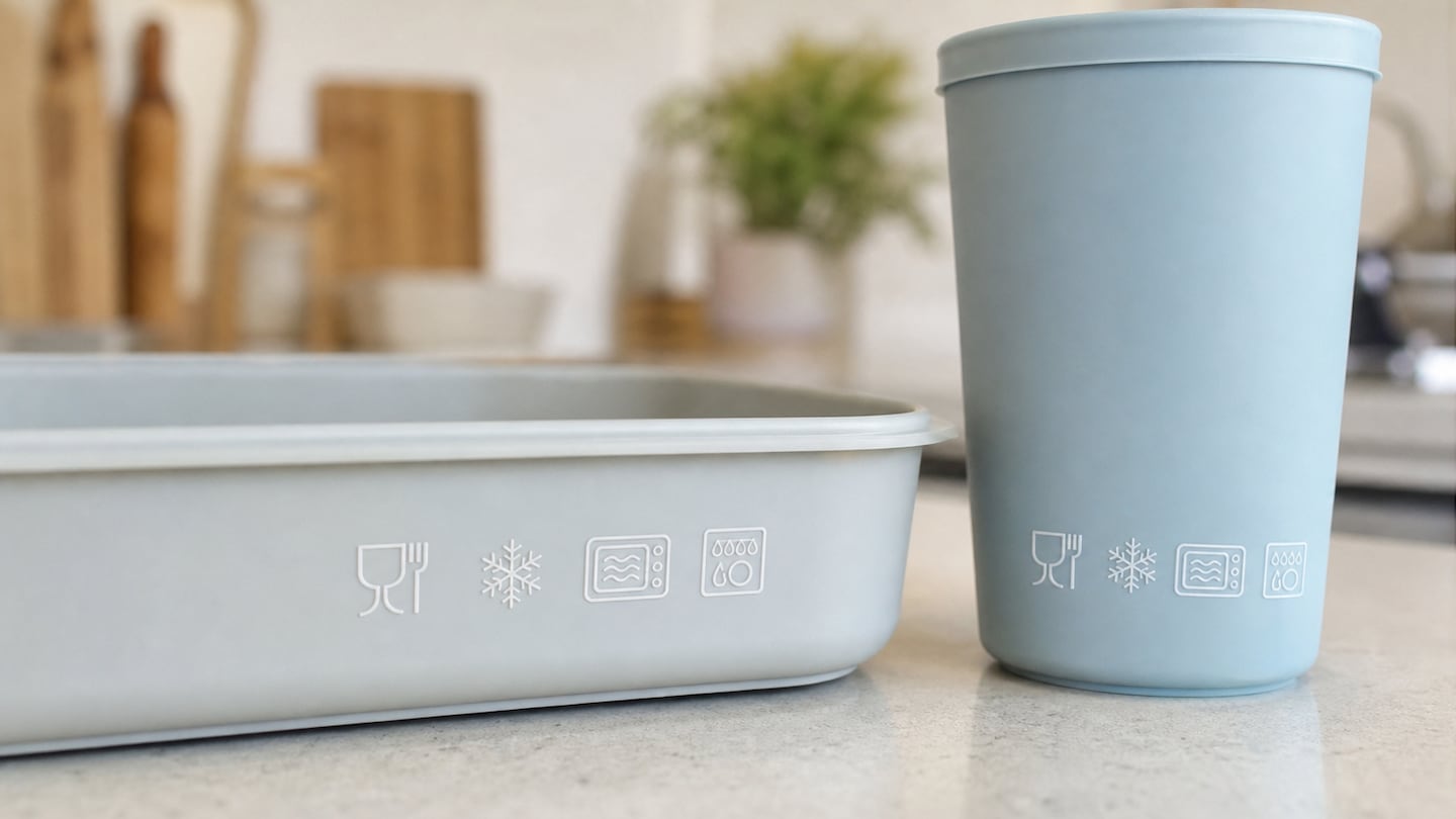 Símbolos de seguridad alimentaria en un tupper y un vaso