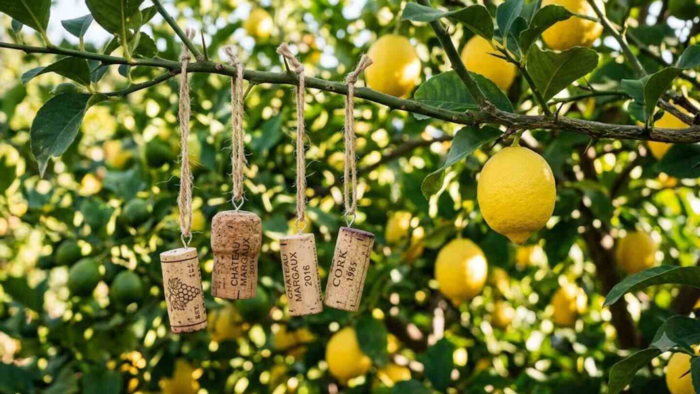 Corchos colgados en una rama de limonero con limones maduros de fondo
