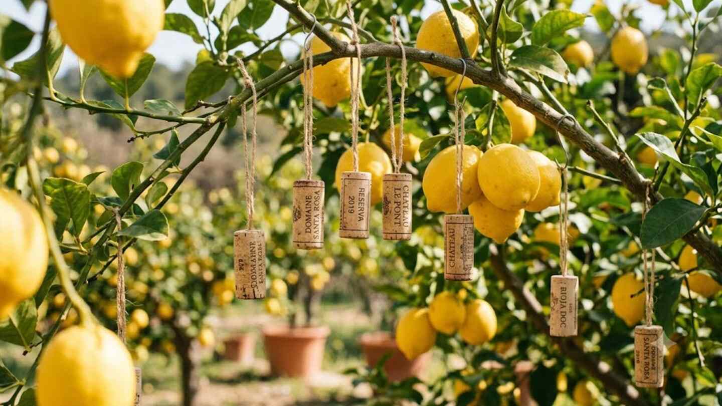 Corchos colgados en un limonero con limones maduros en el fondo