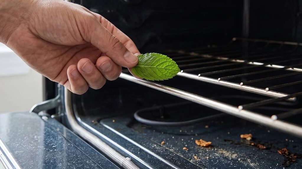 Hojas de menta en un horno apagado