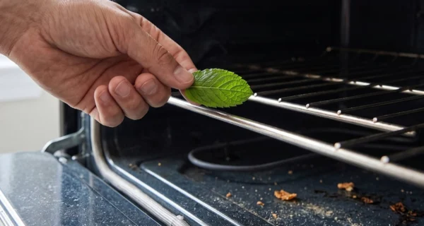 Hojas de menta en un horno apagado