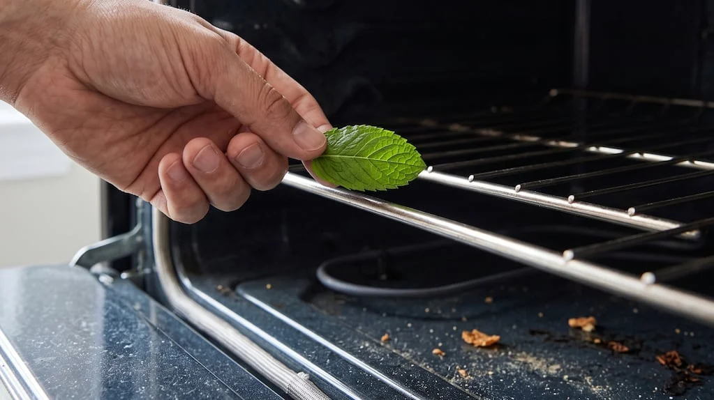 Hojas de menta en un horno apagado