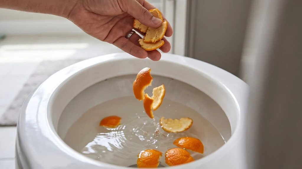 Cáscaras de naranja en un inodoro