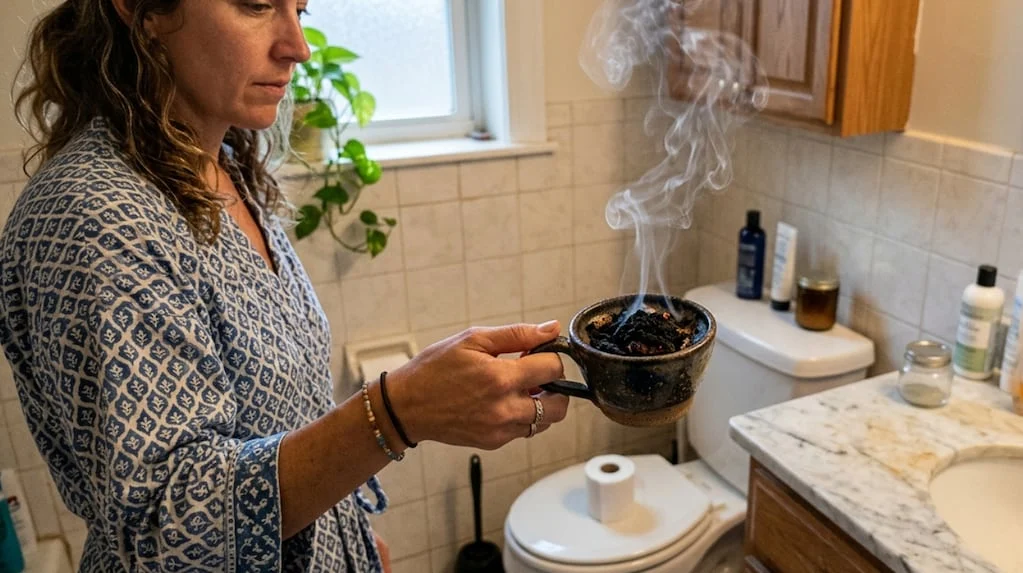 Café siendo quemado en un baño para neutralizar olores