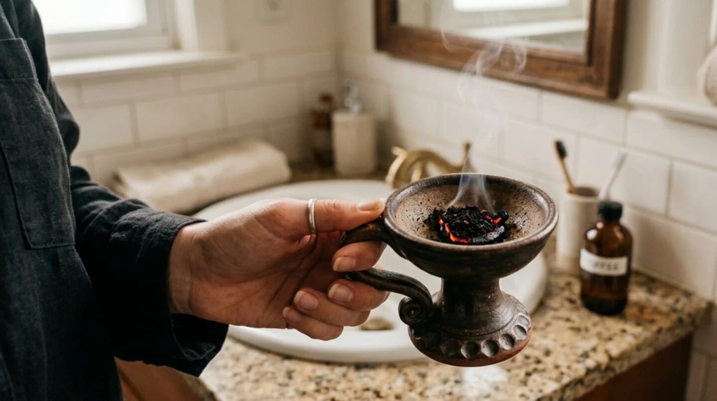 Persona sosteniendo un recipiente con café quemado en un baño