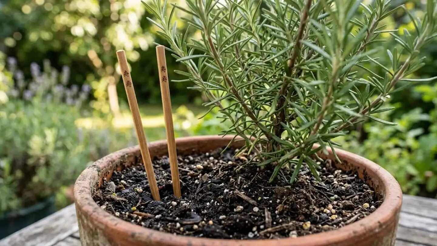 Palitos de sushi clavados en la tierra de una planta de romero en maceta