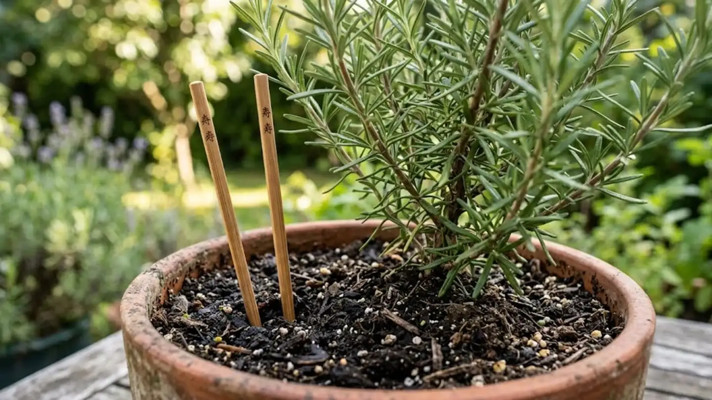 Palitos de sushi clavados en la tierra de una planta de romero en maceta