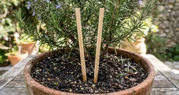 Planta de romero cuidada con palitos de sushi