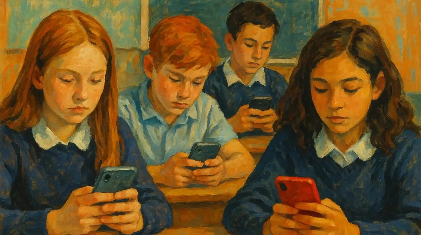 Cuatro estudiantes en un aula utilizando sus celulares mientras están sentados en pupitres