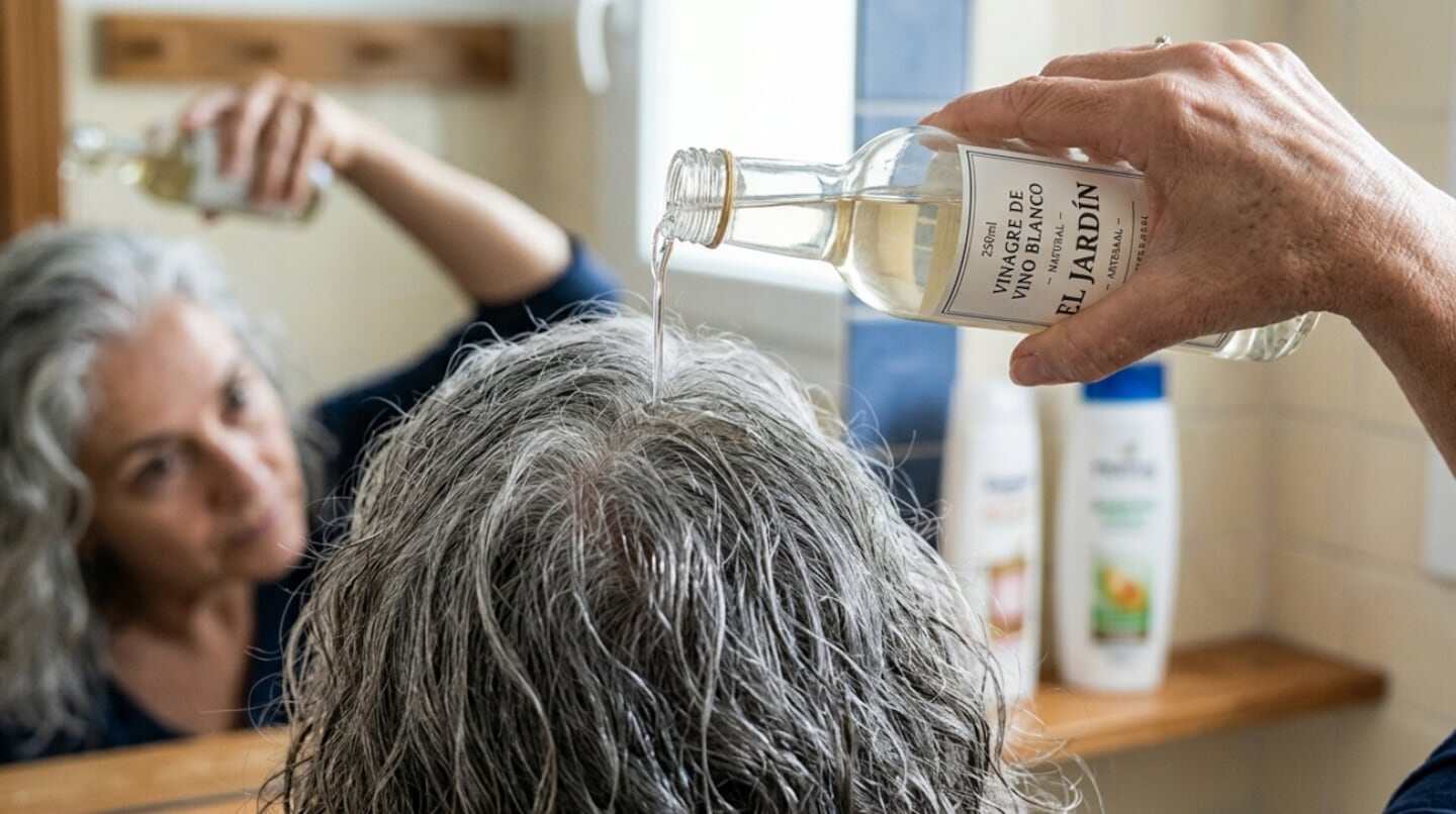 Mujer aplicando vinagre de vino blanco en su cabello canoso frente a un espejo