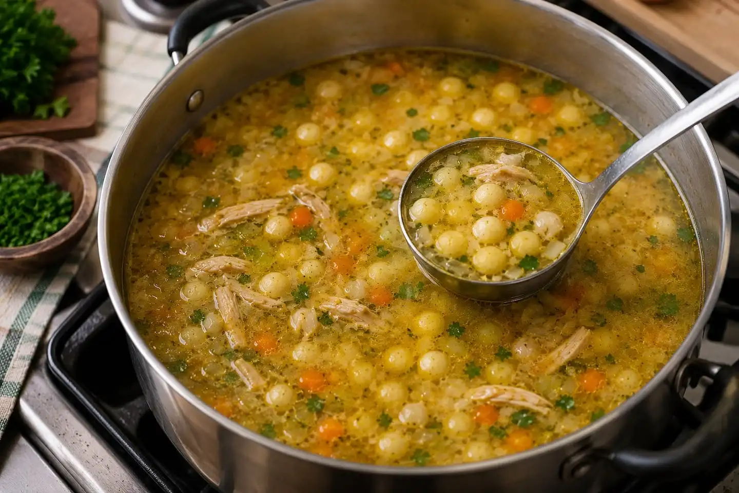 Sopa paraguaya vori vori en una olla con ingredientes visibles como pollo y verduras