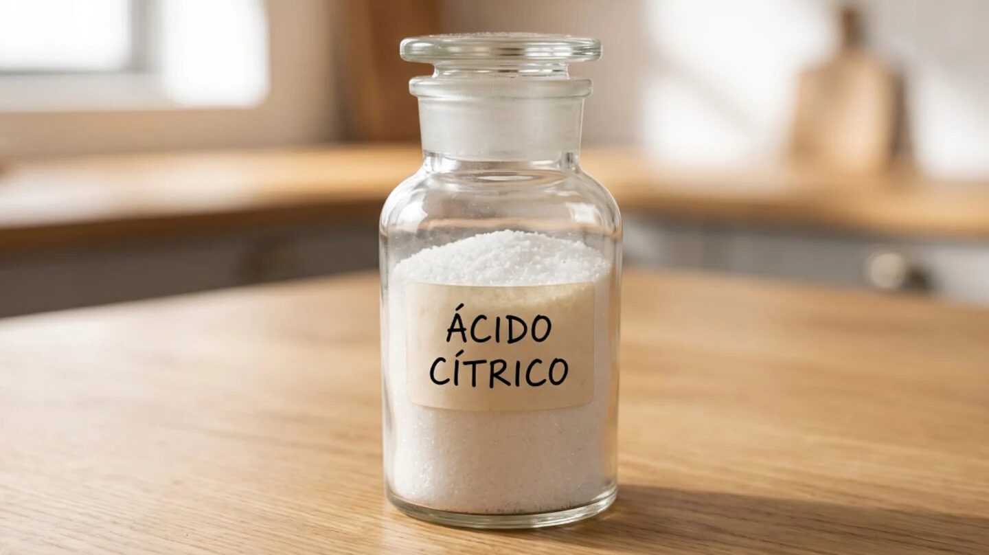Frasco de vidrio con ácido cítrico en polvo sobre una mesa de cocina