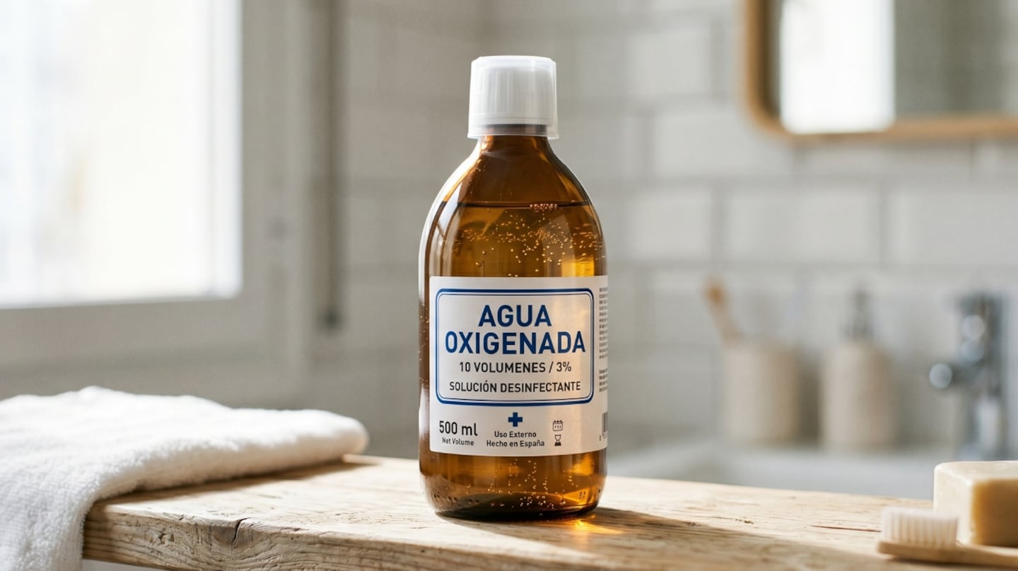 Botella de agua oxigenada de 500 ml sobre una superficie de madera en un entorno de limpieza