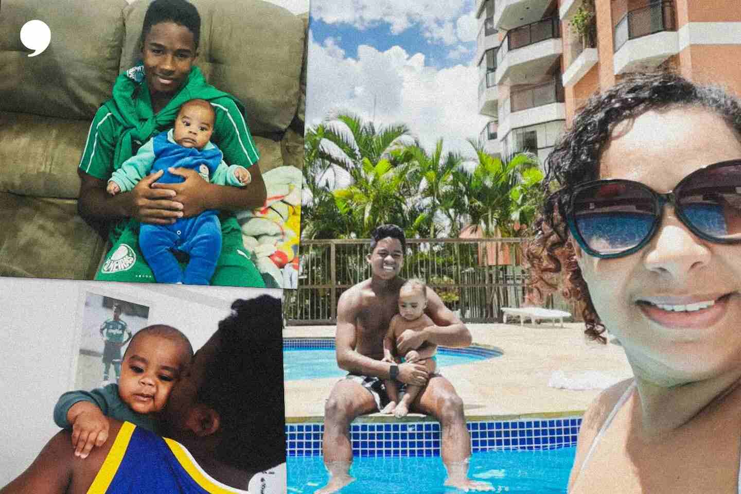 Endrick en su infancia sosteniendo a un bebé y disfrutando en una piscina con su madre