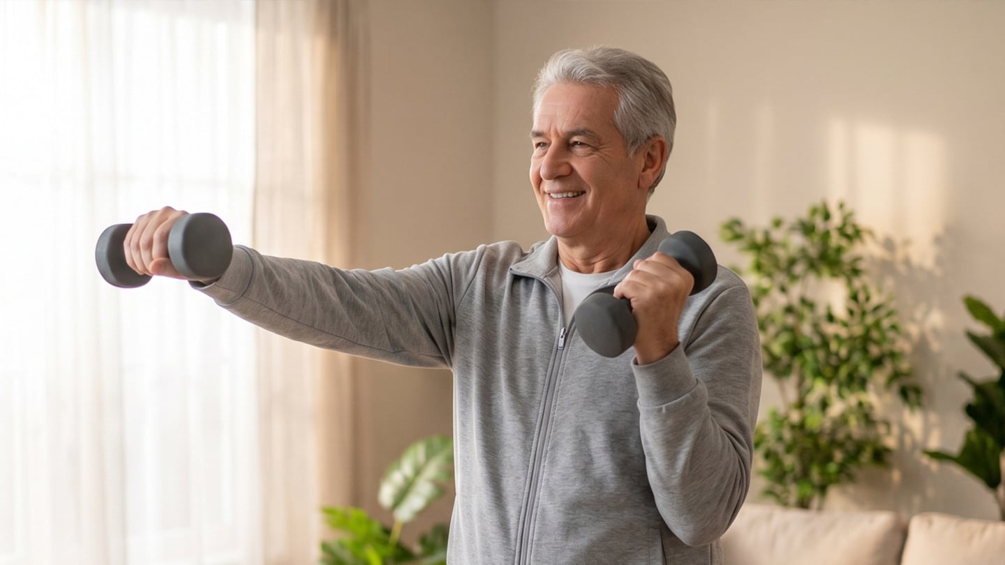 Hombre mayor realizando entrenamiento con pesas en casa