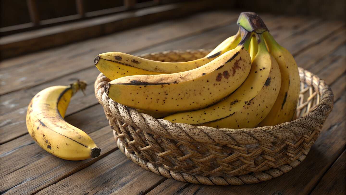 Plátanos amarillos en una canasta sobre una mesa de madera