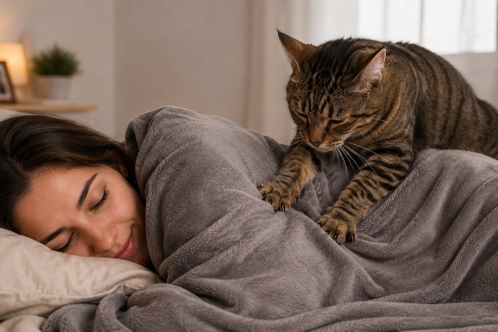 Mujer durmiendo en la cama con un gato sobre su espalda
