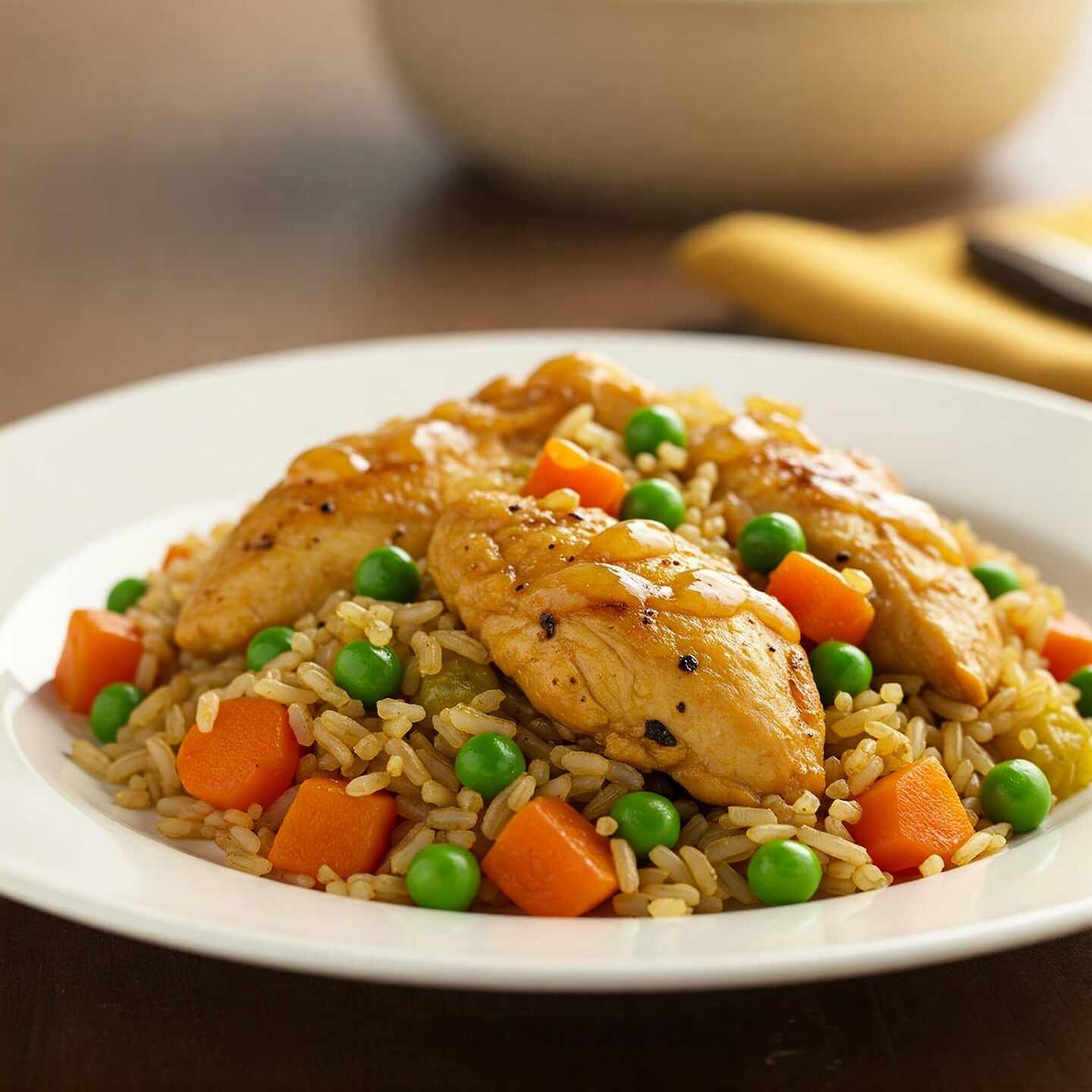 Plato de arroz con pollo, guisantes y zanahorias en un plato blanco