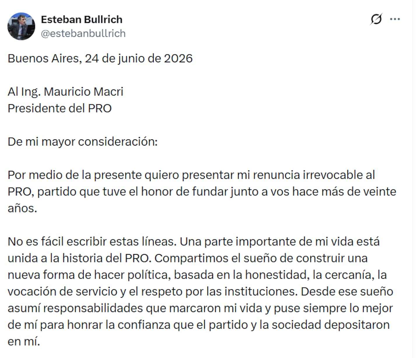 Carta de renuncia de Esteban Bullrich al PRO dirigida a Mauricio Macri