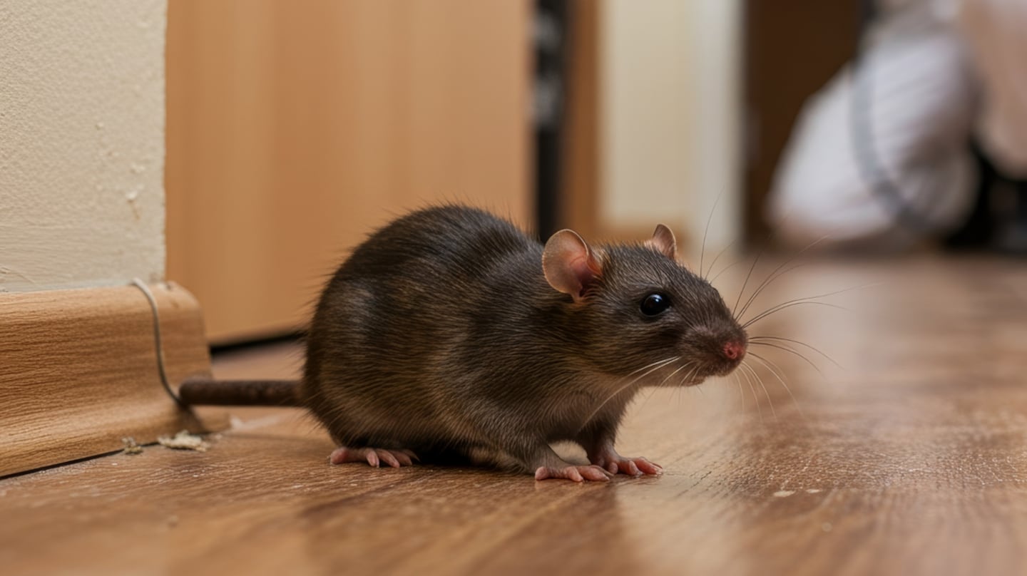 Rata en el suelo de un hogar, cerca de un zócalo de madera