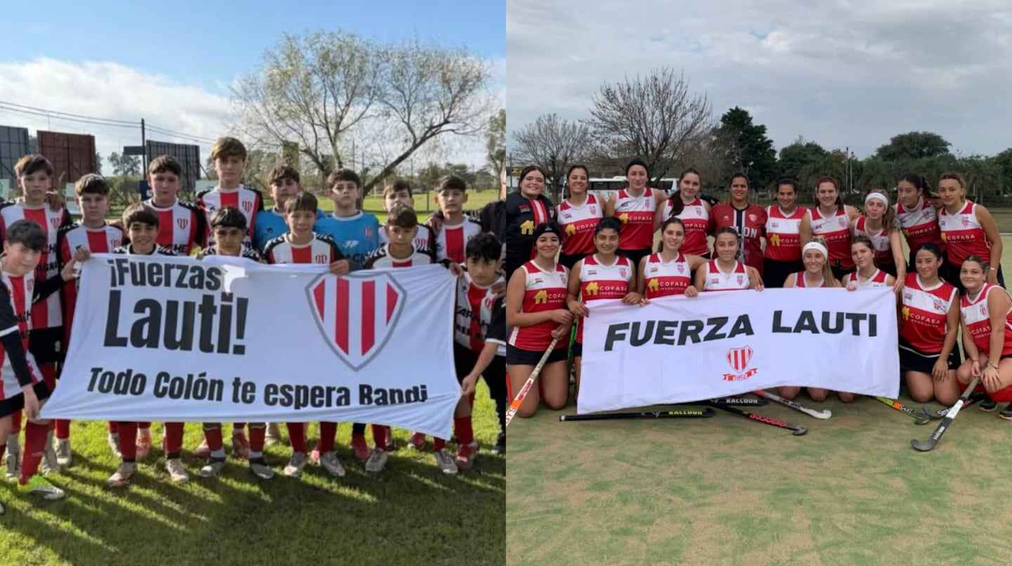 Jugadores y aficionados de Colón de San Justo sosteniendo pancartas en apoyo a Lautaro Fagioli