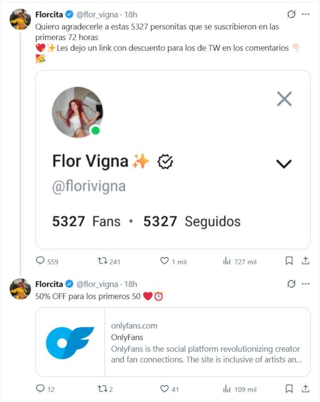 Captura de pantalla del perfil de Flor Vigna en una plataforma para adultos con más de 5300 suscriptores