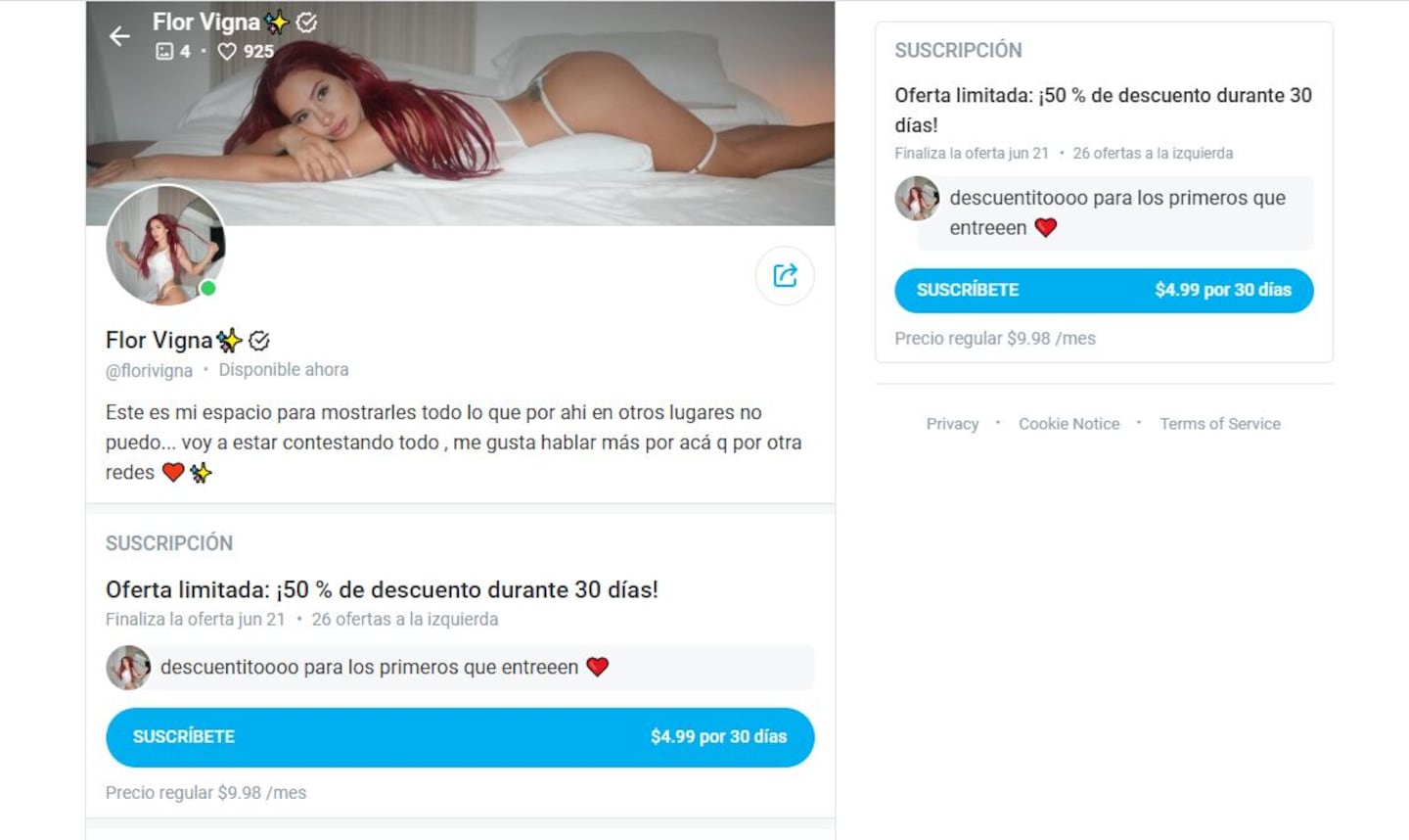 Flor Vigna en su perfil de plataforma para adultos, luciendo un atuendo atractivo