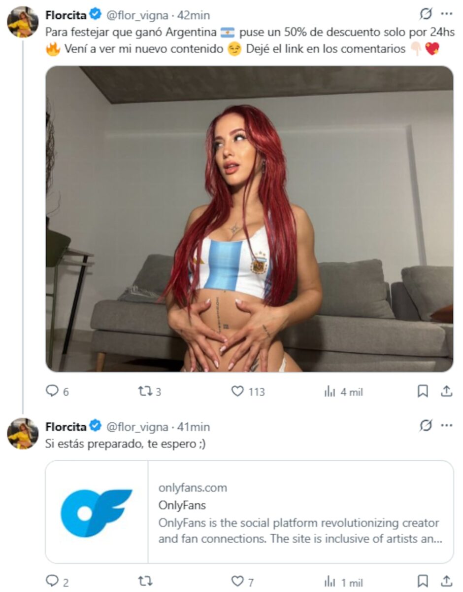 Flor Vigna posando con una camiseta de la Selección Argentina y anunciando un descuento en OnlyFans