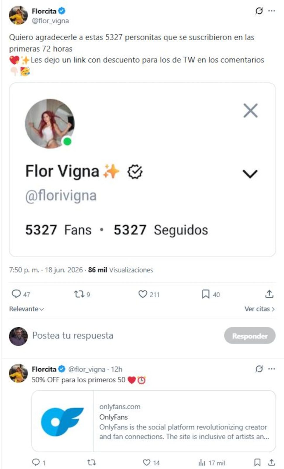 Captura de pantalla del tweet de Flor Vigna anunciando su cuenta en OnlyFans con descuentos para sus seguidores