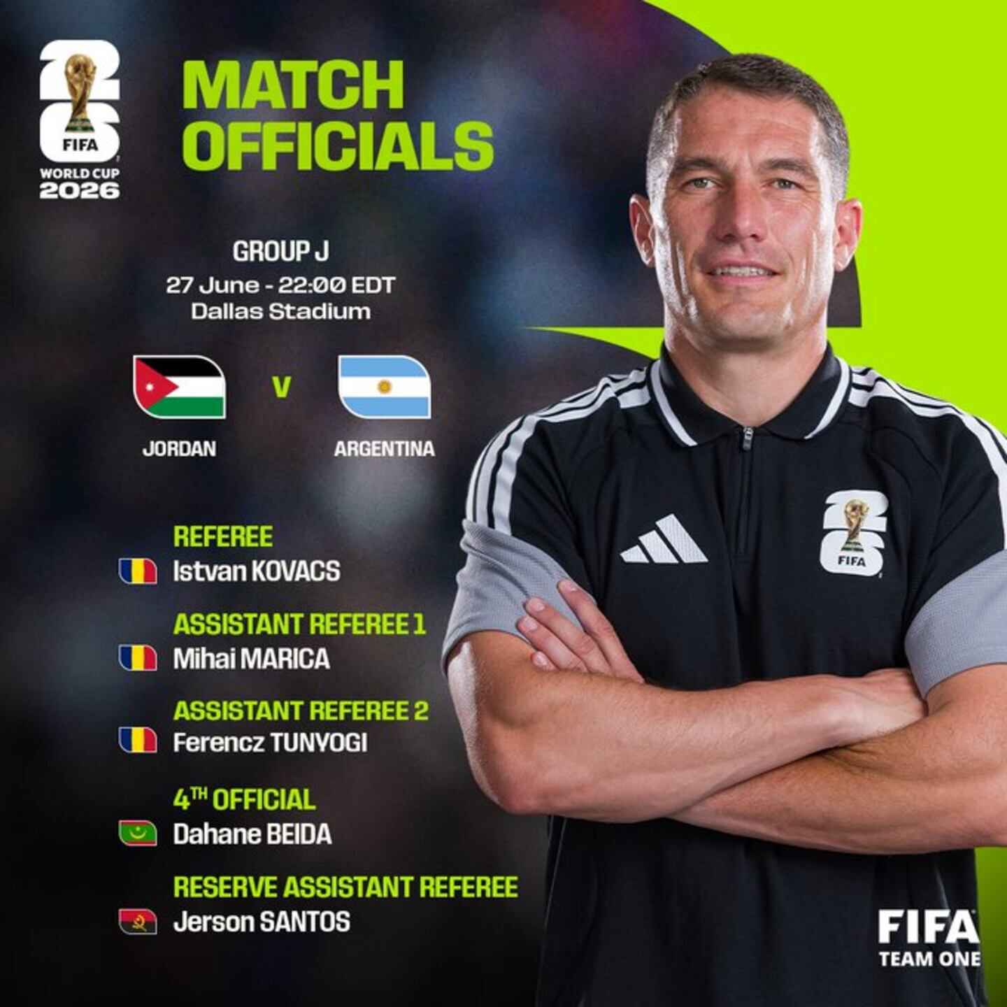 Árbitros designados para el partido entre Argentina y Jordania en el Mundial 2026