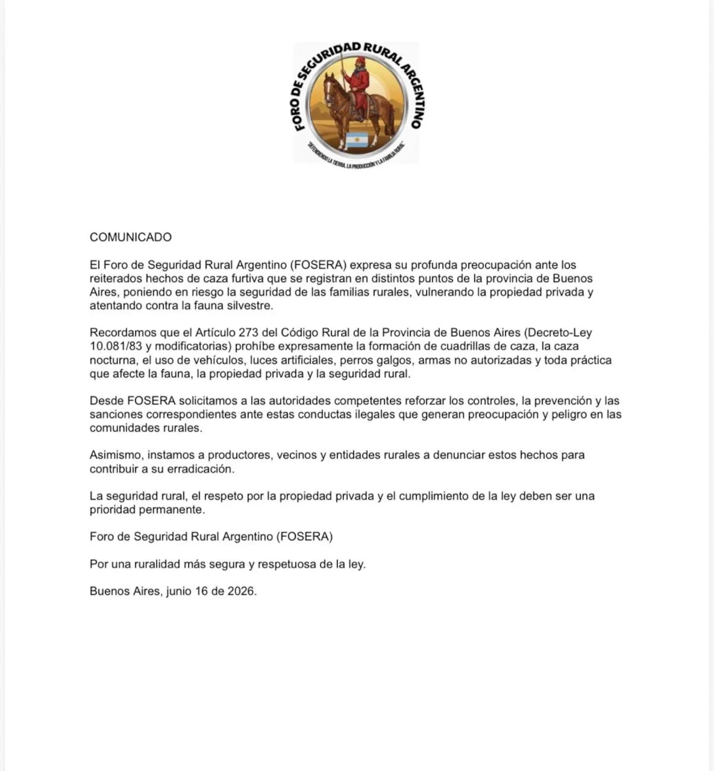 Comunicado del Foro de Seguridad Rural Argentino sobre la caza furtiva en Buenos Aires