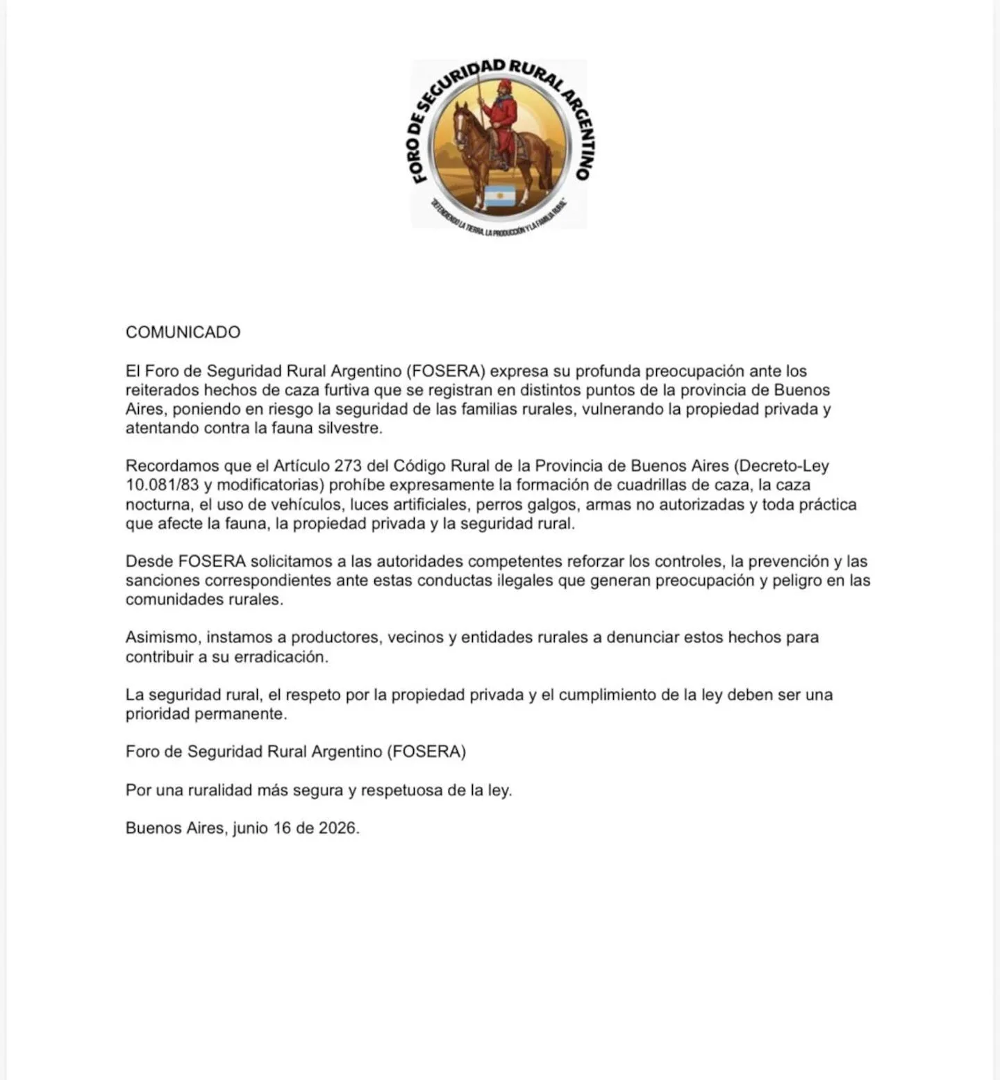Comunicado del Foro de Seguridad Rural Argentino sobre la caza furtiva en Buenos Aires