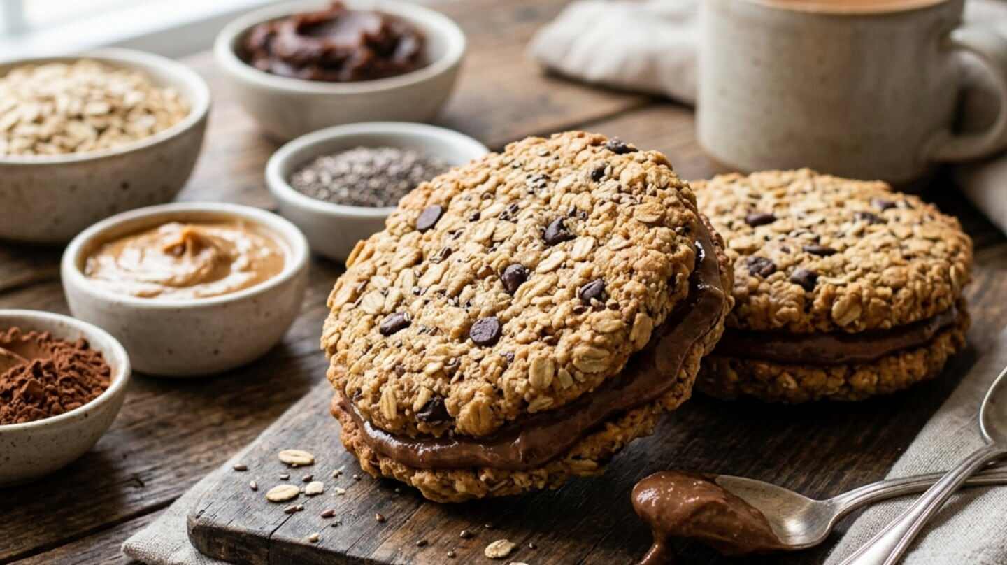 Galletitas de avena rellenas con pasta de maní y cacao sobre una tabla de madera