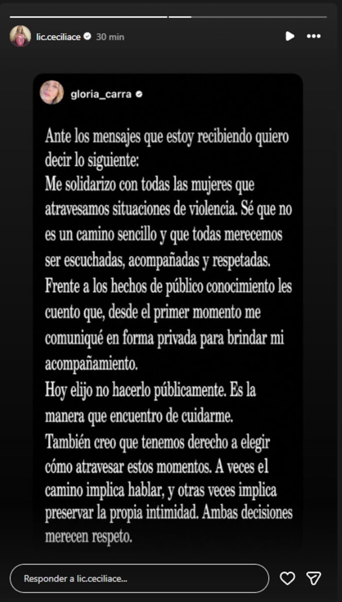 Publicación de Gloria Carrá sobre violencia de género en Instagram