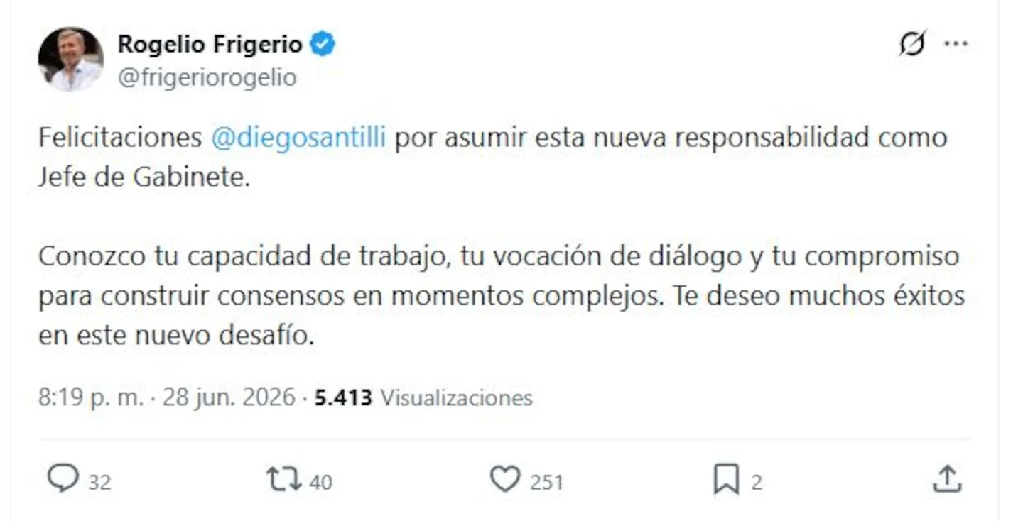 Tweet de Rogelio Frigerio felicitando a Diego Santilli por su nombramiento como Jefe de Gabinete