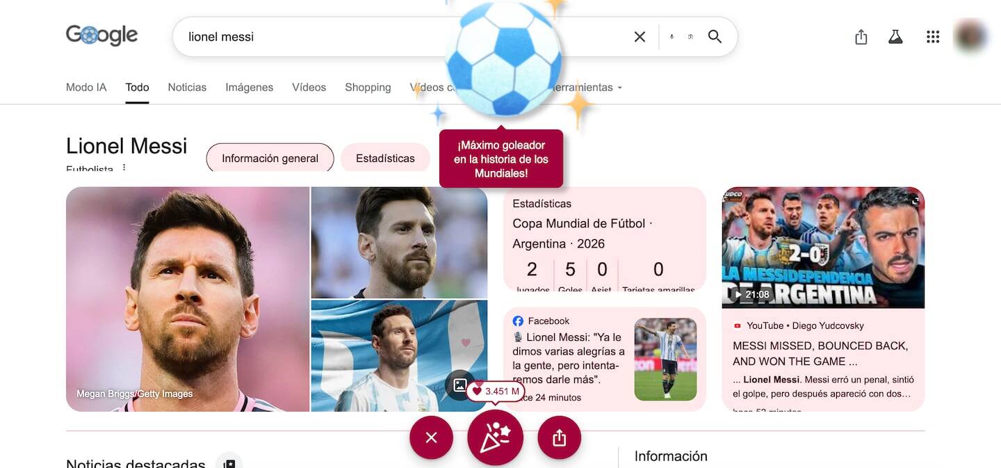 Interfaz de Google mostrando información sobre Lionel Messi tras su victoria en el Mundial 2026
