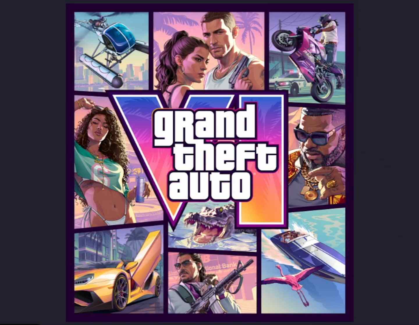 Portada oficial de Grand Theft Auto VI con personajes y elementos icónicos del juego