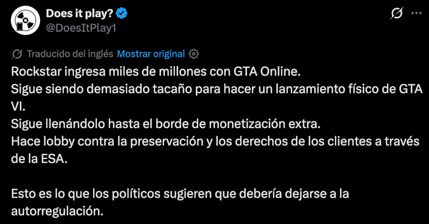 Tweet sobre la controversia de GTA VI y su lanzamiento digital por Rockstar Games