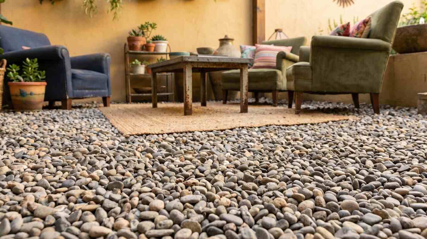 Jardín decorado con grava y muebles de exterior