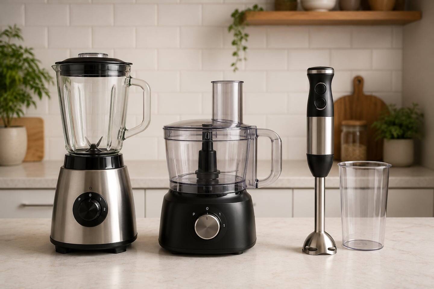 Licuadora, procesadora y minipimer en una cocina moderna